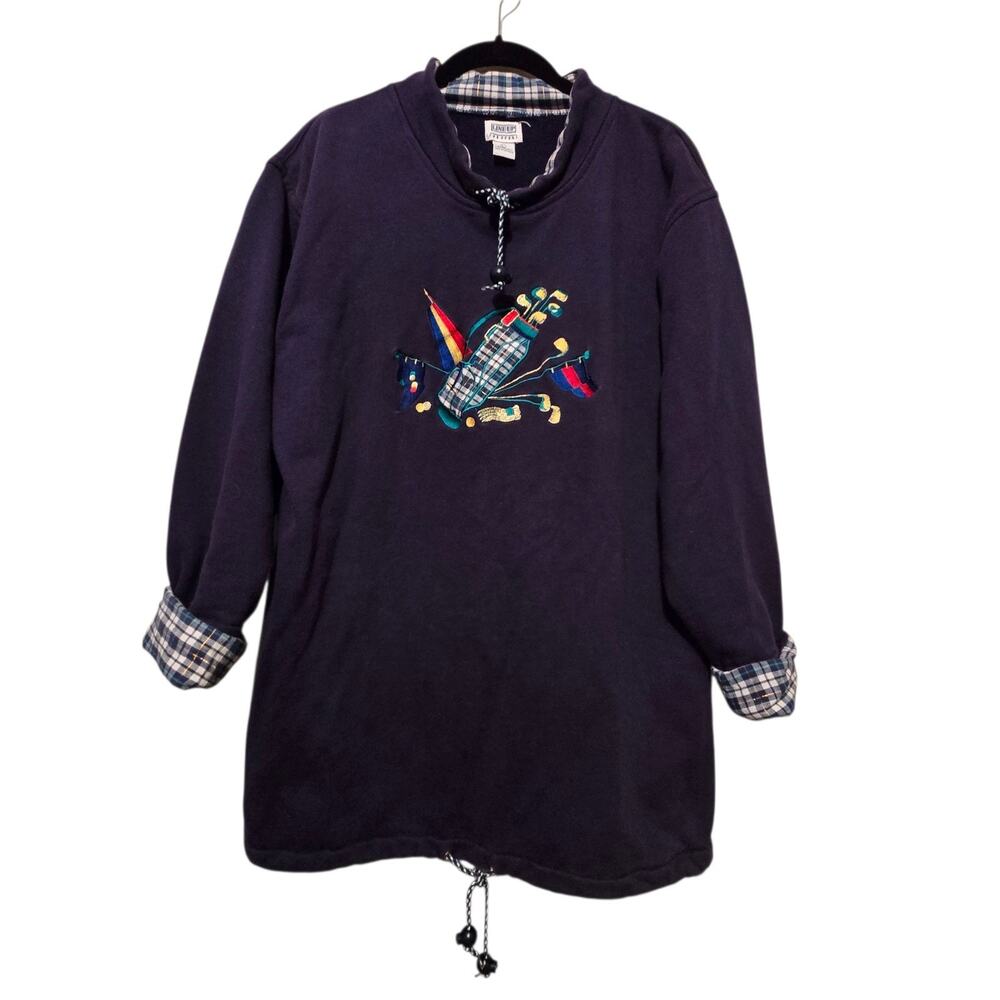 Vtg 90s Y2K Golf Sweatshirt Womens LG Blue Plaid Cuffs‎ Appliqué Preppy Sports
